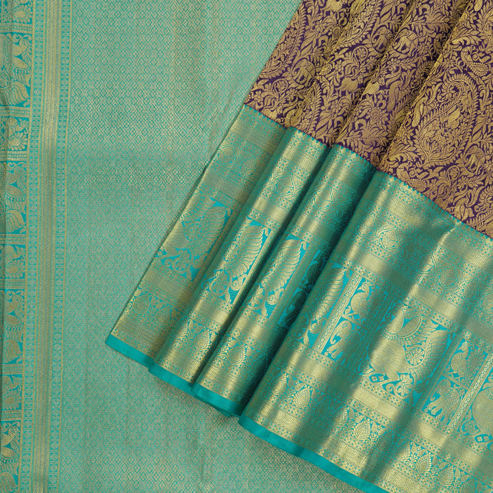 Hayagrivas Handloom Violet Kanjivaram Silk Saree with Bright Teal Border KBE1012I2-7