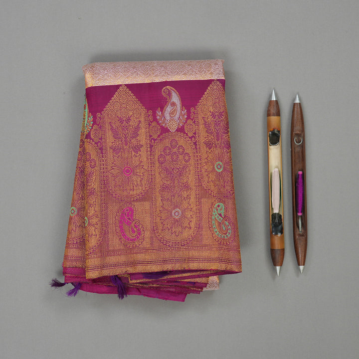 Hayagrivas Exclusive Kanjivaram Silk Saree in Soft light Peach with Purple contrast KBE1012I3-3