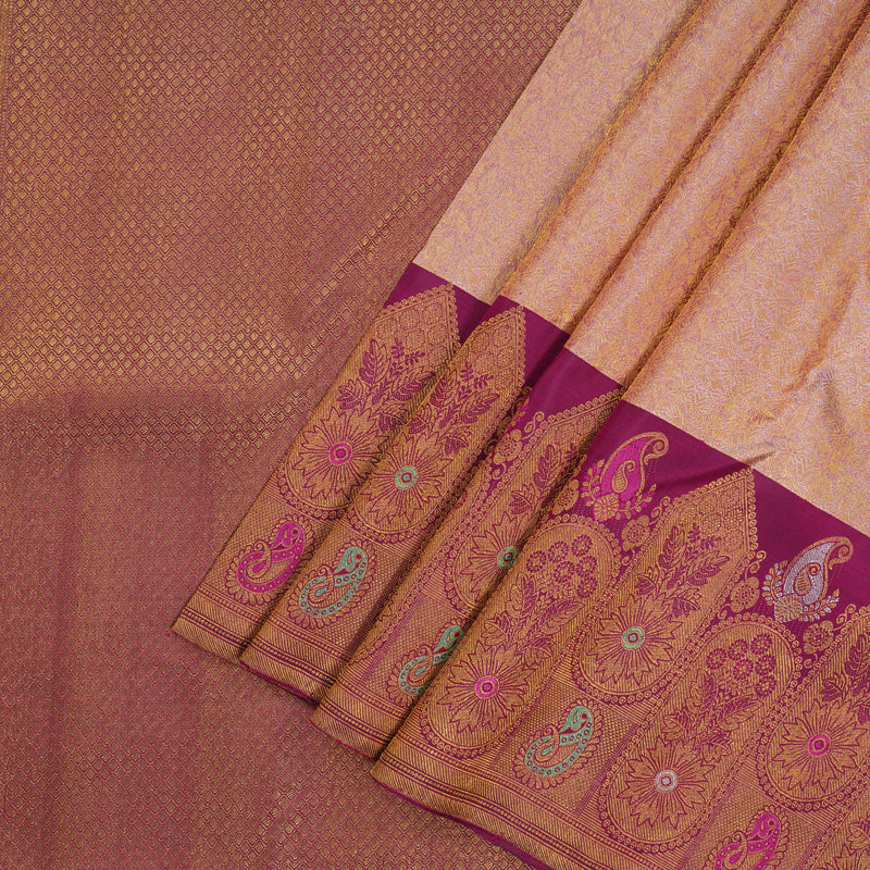 Hayagrivas Exclusive Kanjivaram Silk Saree in Soft light Peach with Purple contrast KBE1012I3-3
