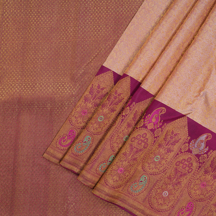 Hayagrivas Exclusive Kanjivaram Silk Saree in Soft light Peach with Purple contrast KBE1012I3-3