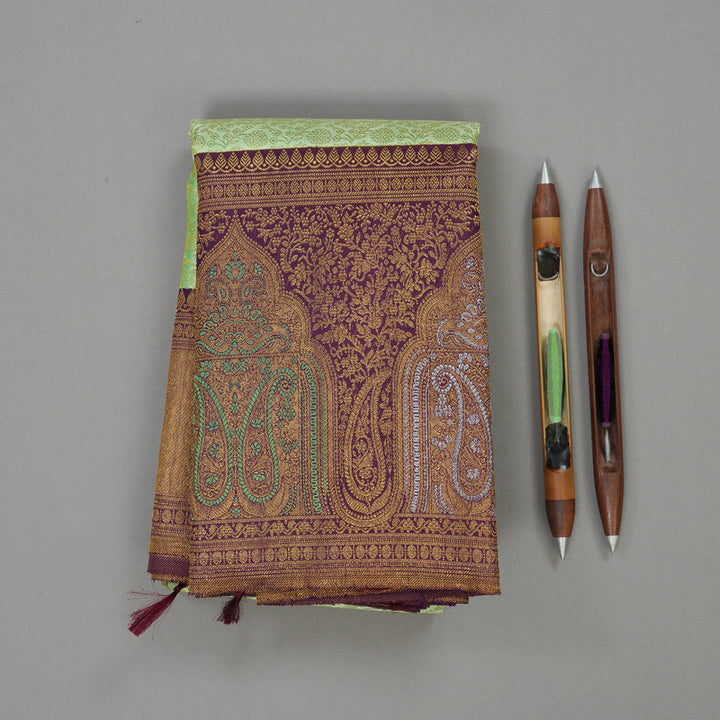 Hayagrivas Exquisite Handwoven Silk Saree in elegant Mild Elaichi green with Plum Purple KBE1012I4-1