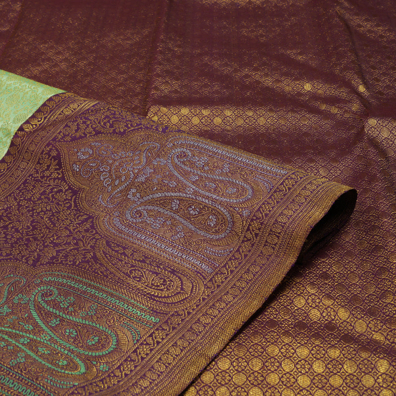 Hayagrivas Exquisite Handwoven Silk Saree in elegant Mild Elaichi green with Plum Purple KBE1012I4-1