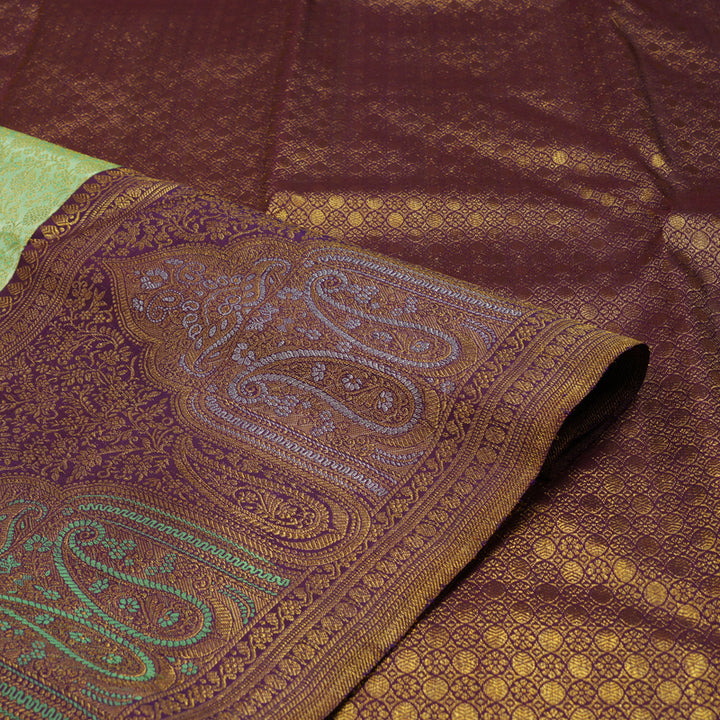 Hayagrivas Exquisite Handwoven Silk Saree in elegant Mild Elaichi green with Plum Purple KBE1012I4-1
