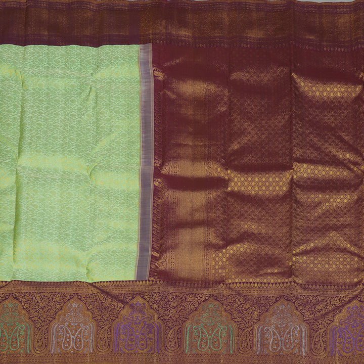 Hayagrivas Exquisite Handwoven Silk Saree in elegant Mild Elaichi green with Plum Purple KBE1012I4-1