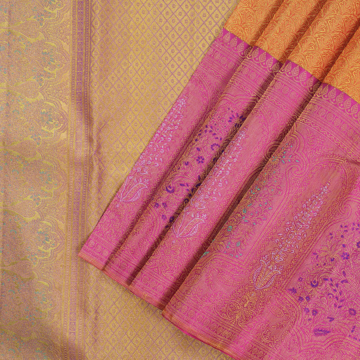 Hayagrivas Handloom Kanjivaram Silk Saree in Golden Orange with Pink contrast KBE1012I5-1