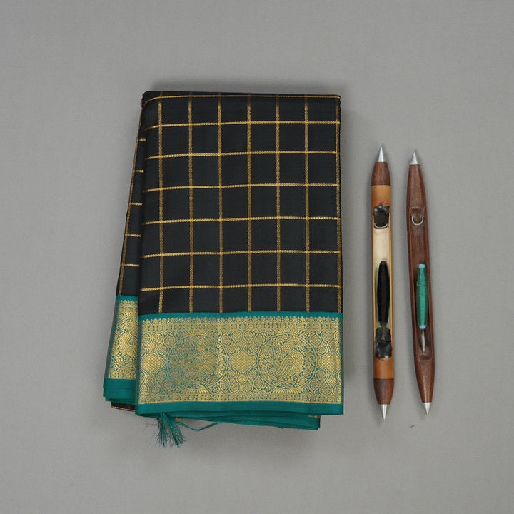 Hayagrivas Handlooom Black Kanjivaram Silk Saree with Peacock Green Border KBE1014I3-1