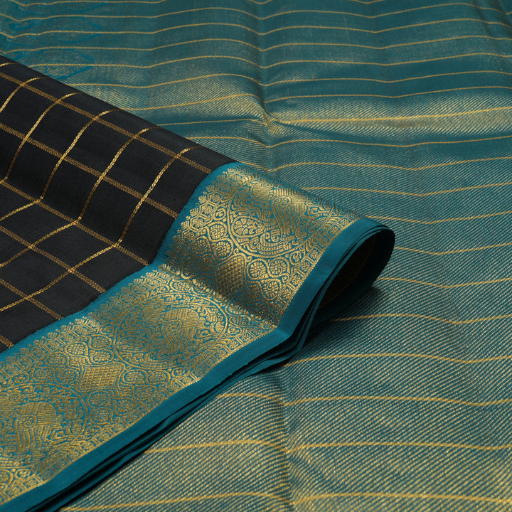 Hayagrivas Handlooom Black Kanjivaram Silk Saree with Peacock Green Border KBE1014I3-1