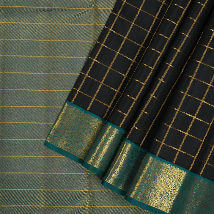 Hayagrivas Handlooom Black Kanjivaram Silk Saree with Peacock Green Border KBE1014I3-1