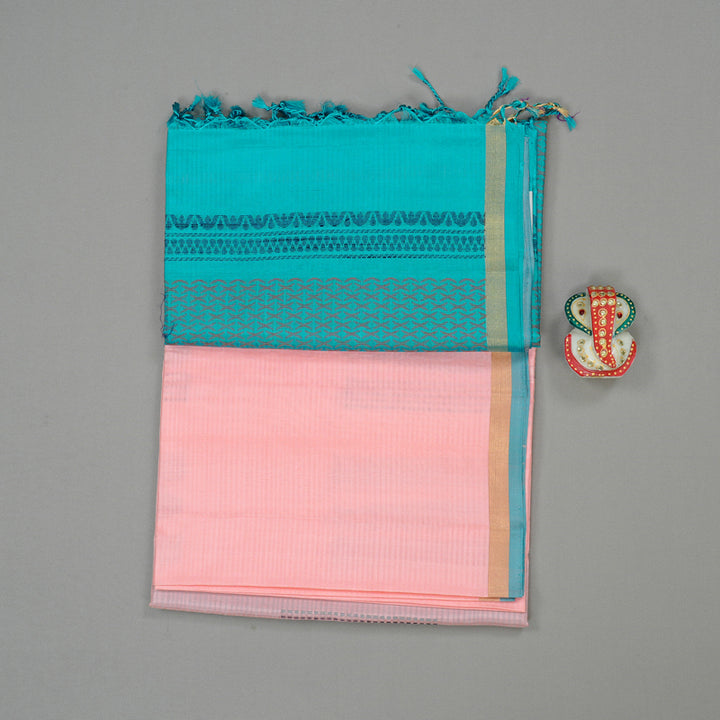 Hayagrivas Baby Peach Handloom Soft Silk Saree with Sea Blue Border KBE101D5-28