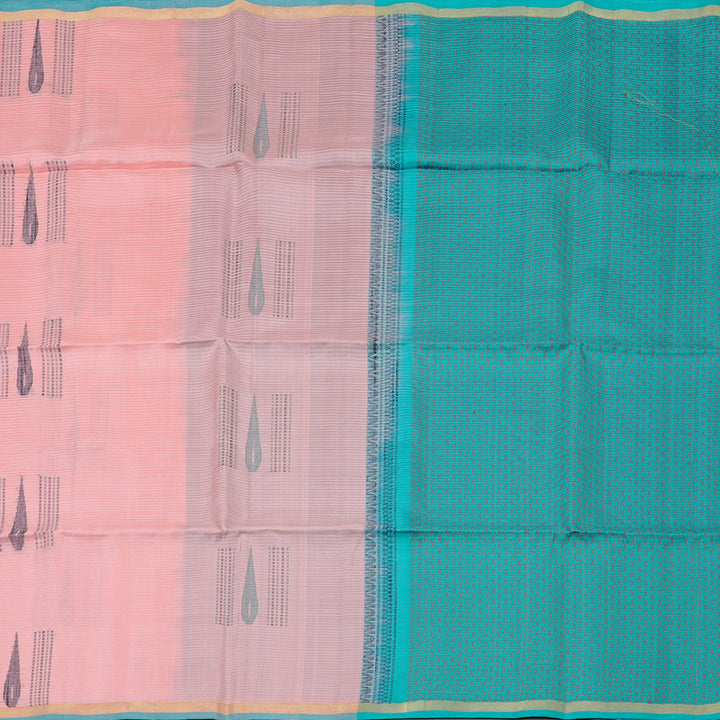 Hayagrivas Baby Peach Handloom Soft Silk Saree with Sea Blue Border KBE101D5-28