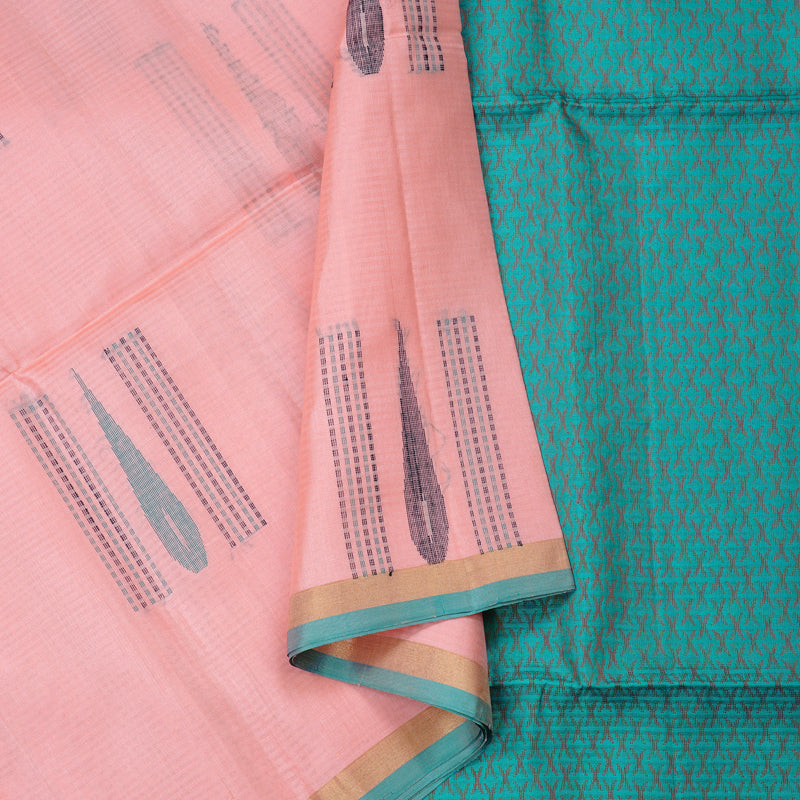 Hayagrivas Baby Peach Handloom Soft Silk Saree with Sea Blue Border KBE101D5-28