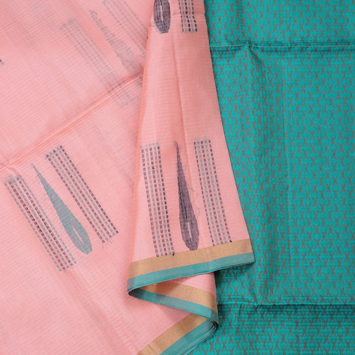 Hayagrivas Baby Peach Handloom Soft Silk Saree with Sea Blue Border KBE101D5-28