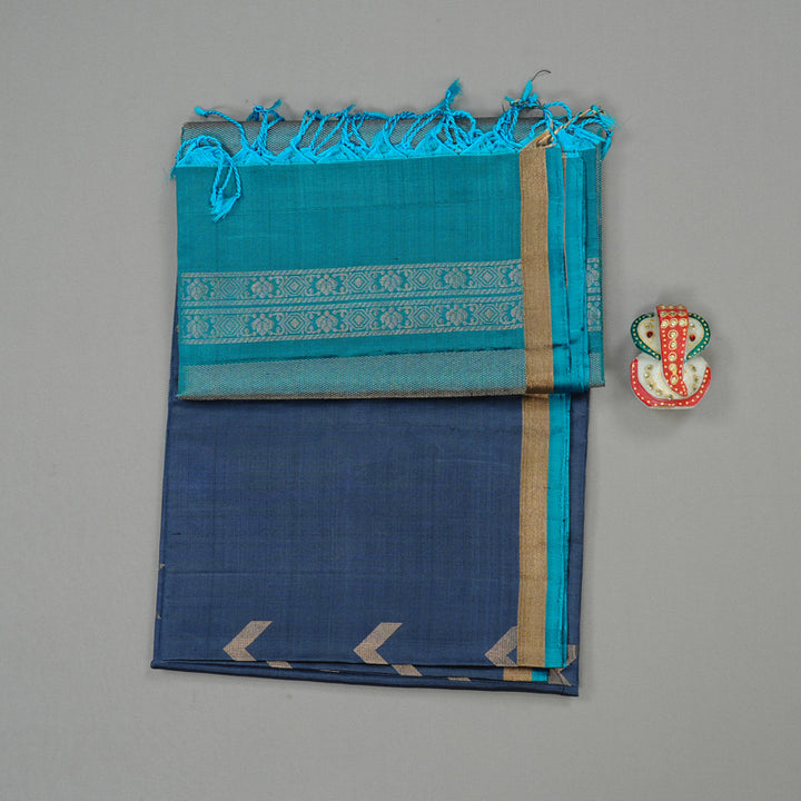 Hayagrivas Bluish Grey Handloom Soft Silk Saree with Teal Blue Border KBE101D5-32