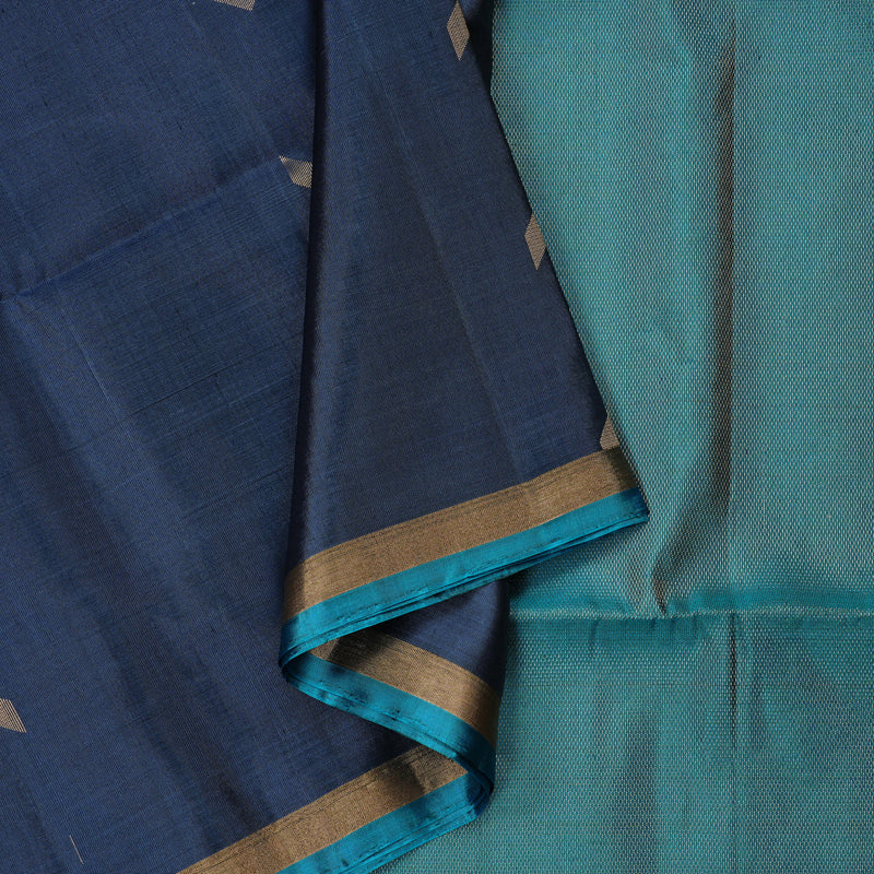 Hayagrivas Bluish Grey Handloom Soft Silk Saree with Teal Blue Border KBE101D5-32
