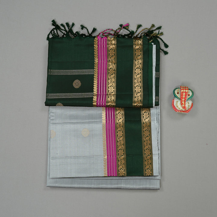 Hayagrivas Silver Grey Handloom Soft Silk Saree with Bottle Green Border KBE101D6-18