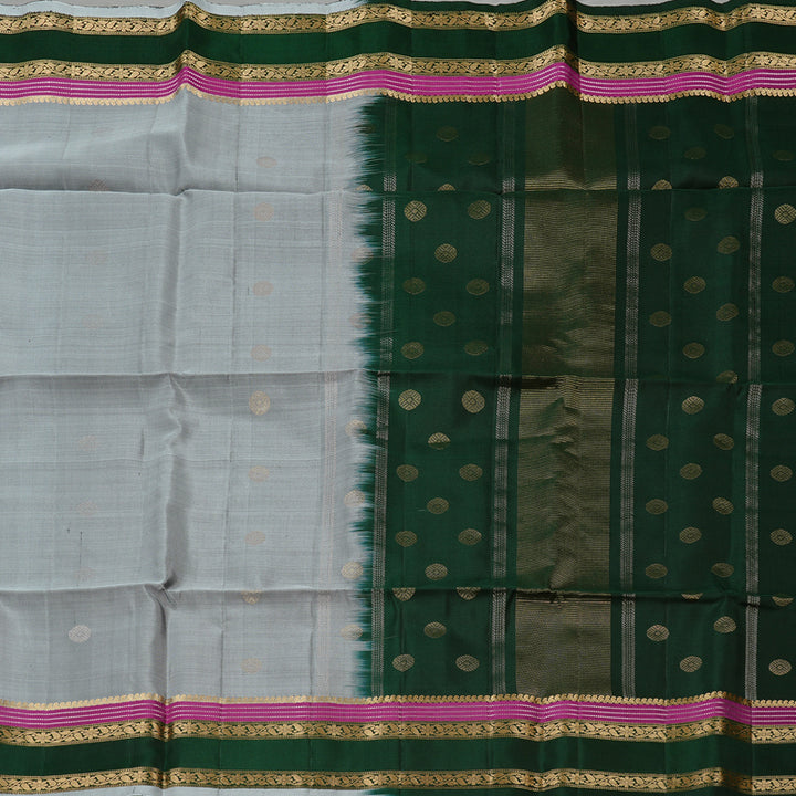 Hayagrivas Silver Grey Handloom Soft Silk Saree with Bottle Green Border KBE101D6-18