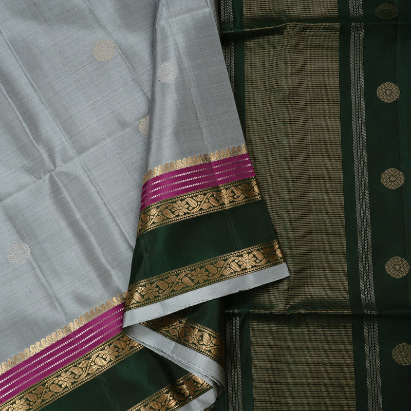 Hayagrivas Silver Grey Handloom Soft Silk Saree with Bottle Green Border KBE101D6-18