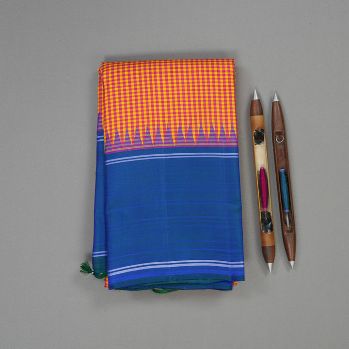 Hayagrivas Handloom Multicolour Checks Kanjivaram Silk Saree with Peacock Blue border KBE1023I2-2