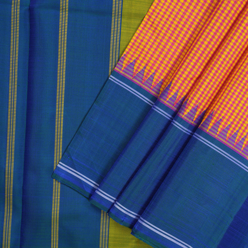 Hayagrivas Handloom Multicolour Checks Kanjivaram Silk Saree with Peacock Blue border KBE1023I2-2