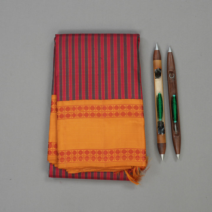 Hayagrivas Handloom Maroon & Green Stripes Kanjivaram Silk Saree with Mustard Border KBE1023I3-4