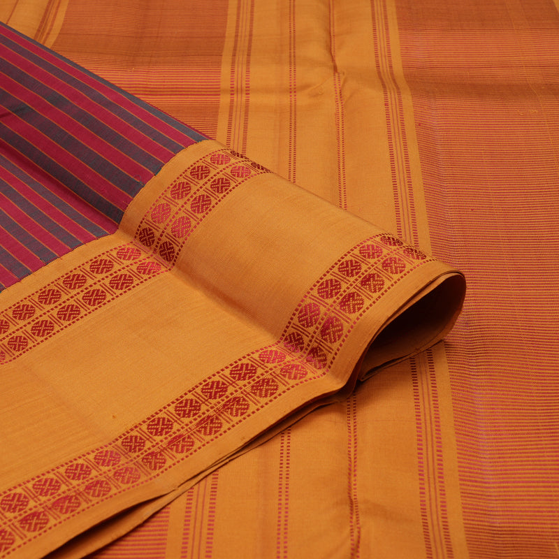 Hayagrivas Handloom Maroon & Green Stripes Kanjivaram Silk Saree with Mustard Border KBE1023I3-4