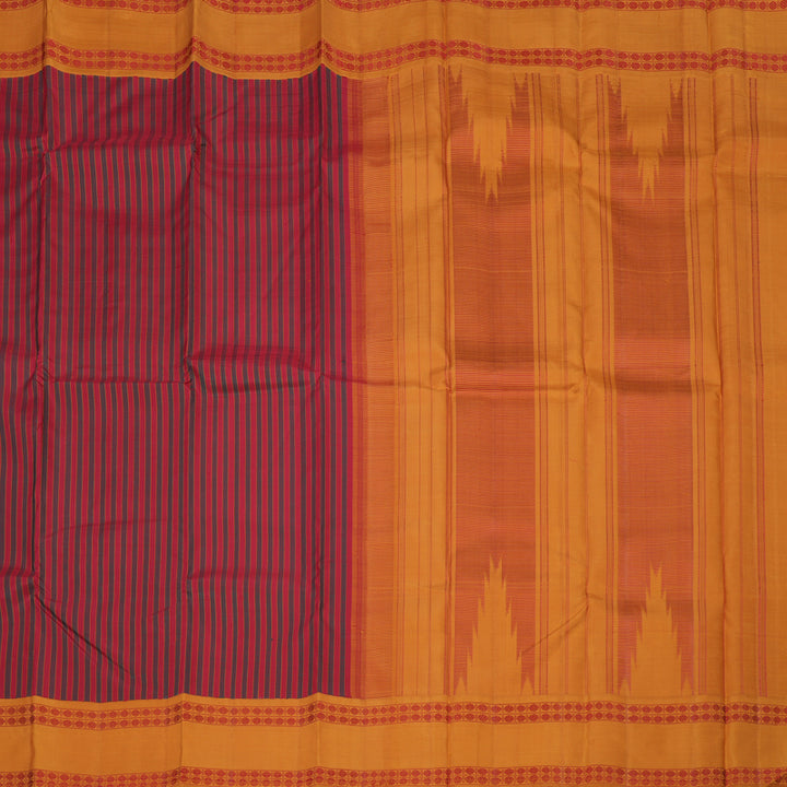 Hayagrivas Handloom Maroon & Green Stripes Kanjivaram Silk Saree with Mustard Border KBE1023I3-4