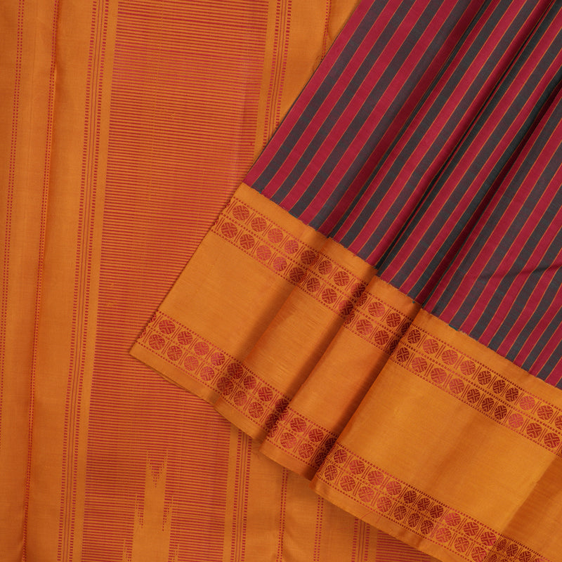 Hayagrivas Handloom Maroon & Green Stripes Kanjivaram Silk Saree with Mustard Border KBE1023I3-4