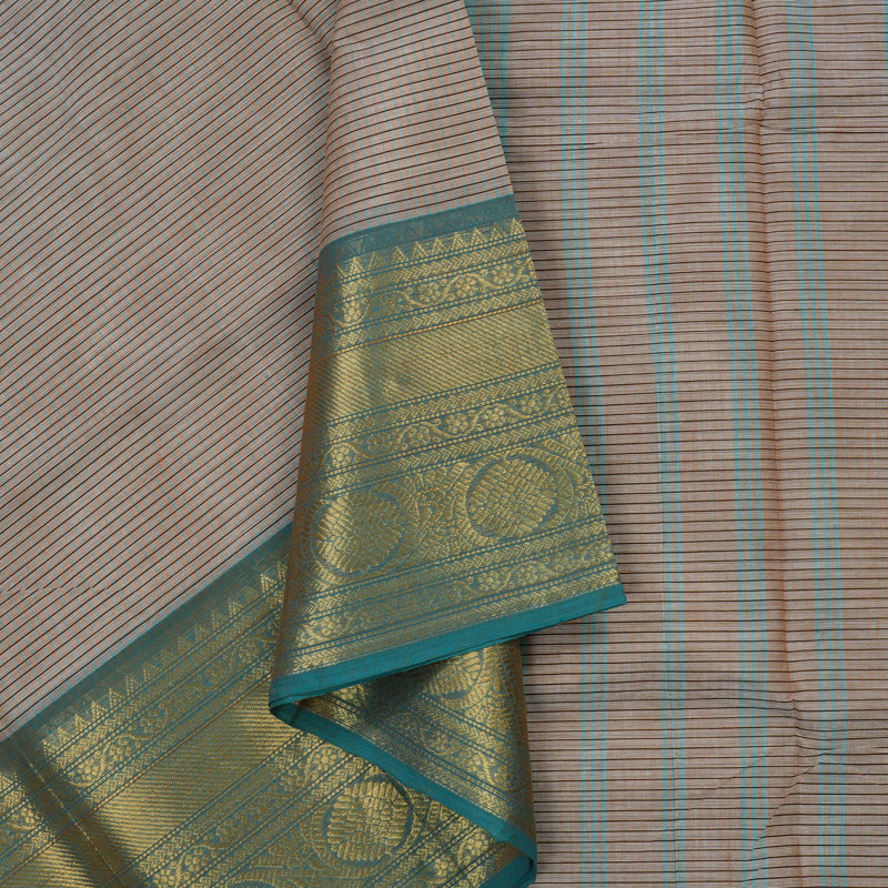 Hayagrivas Beige Pure Chettinad Cotton Saree with Peacock Blue Border KBE1028I1-18