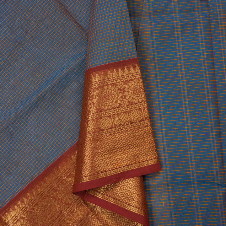 Hayagrivas Handloom Blue Pure Chettinad Cotton Saree with Brick Red Border KBE1028I1-23
