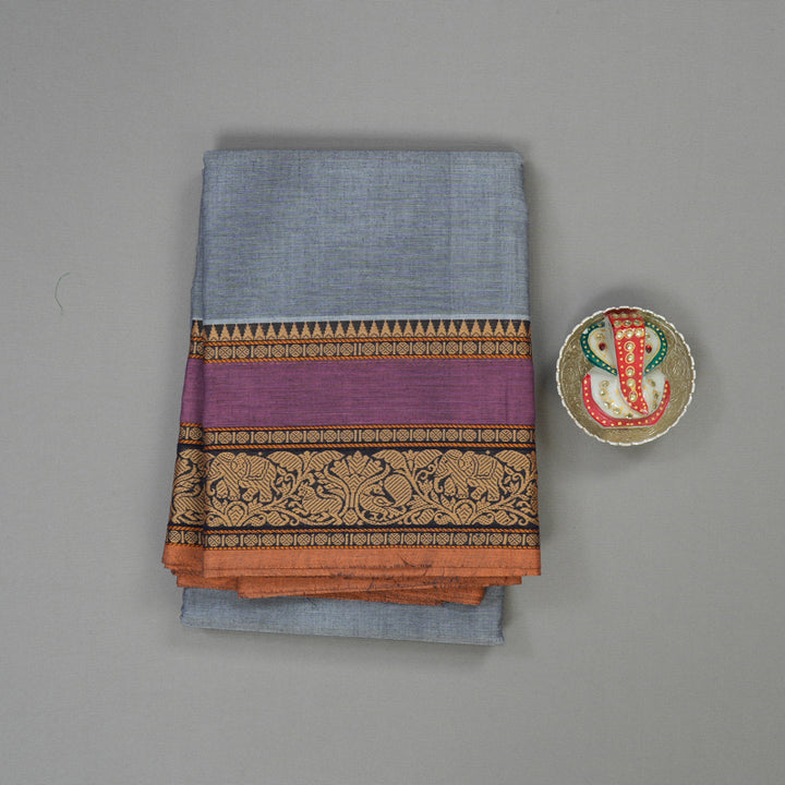 Hayagrivas Handloom Bluish Grey Pure Cotton Saree with Midnight Blue Border KBE1031I1-25