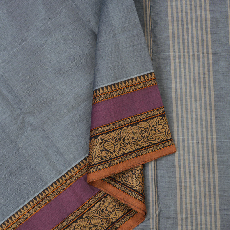 Hayagrivas Handloom Bluish Grey Pure Cotton Saree with Midnight Blue Border KBE1031I1-25