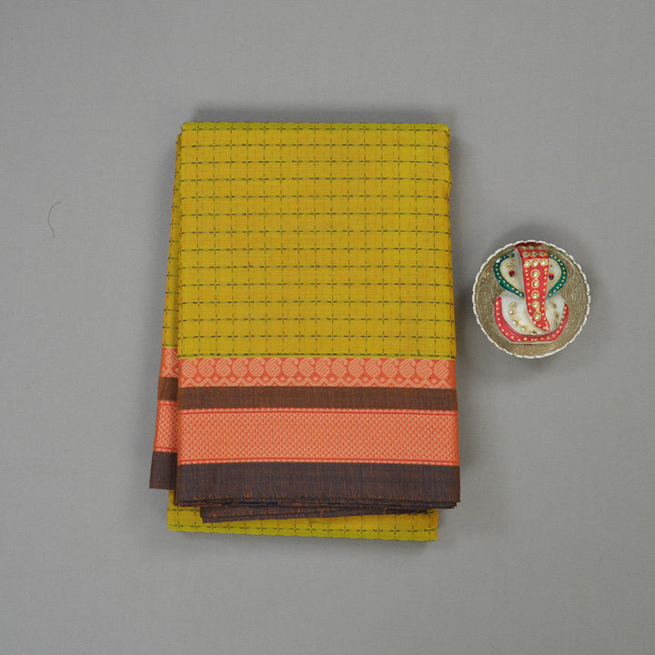 Hayagrivas Handloom Lemon Yellow Pure Cotton Saree with Brown Border KBE1031I12-3