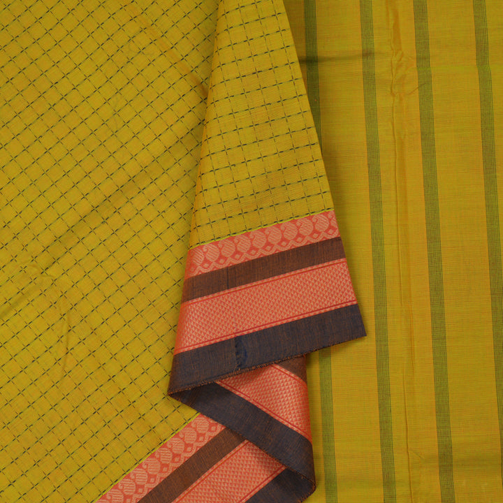 Hayagrivas Handloom Lemon Yellow Pure Cotton Saree with Brown Border KBE1031I12-3