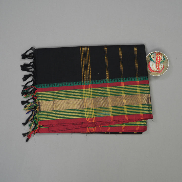 Hayagrivas Handloom Black Pure Chettinad Cotton Saree with Maroon & Green Border KBE1031I3-15