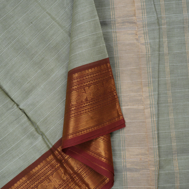 Hayagrivas Handloom Light Elachi Green Pure Chettinad Cotton Saree with Brick Red Border KBE1031I3-60
