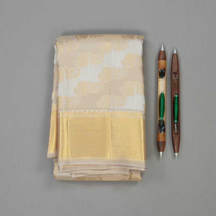 Hayagrivas Handloom Half White & Beige Kanjivaram Silk Saree with Beige Border KBE1036I13-2