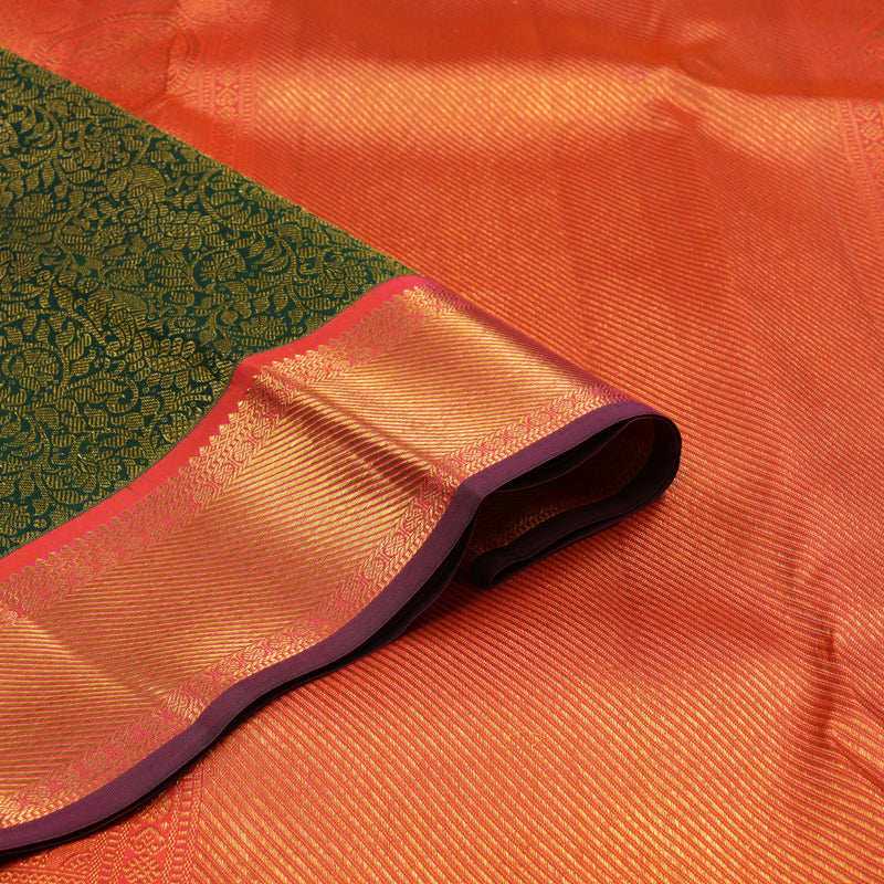 Hayagrivas Handloom Bottle Green Kanjivaram Silk Saree with Pinkish Orange border KBE1036I13-4