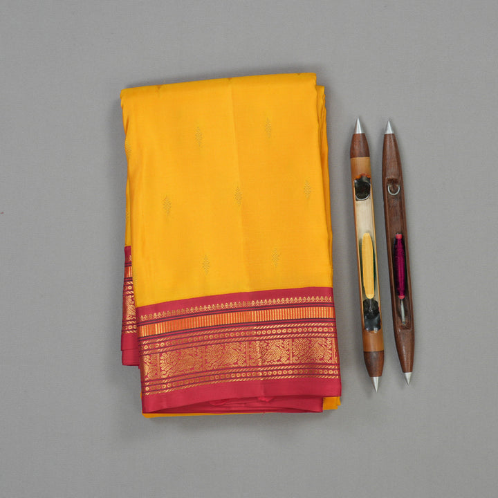 Hayagrivas Handloom Yellow Kanjivaram Silk Saree with Maroonish Pink Border KBE1036I4-4