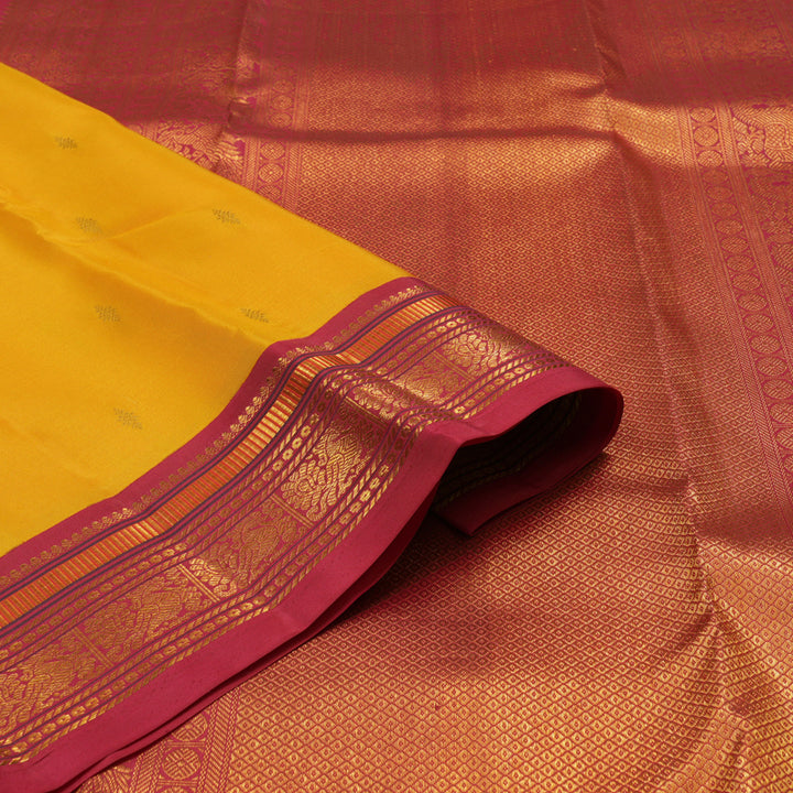 Hayagrivas Handloom Yellow Kanjivaram Silk Saree with Maroonish Pink Border KBE1036I4-4