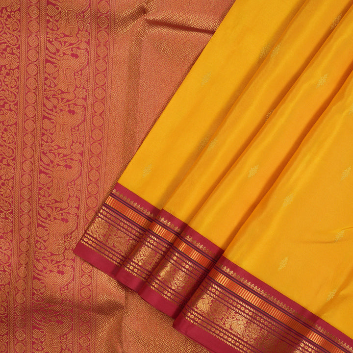 Hayagrivas Handloom Yellow Kanjivaram Silk Saree with Maroonish Pink Border KBE1036I4-4