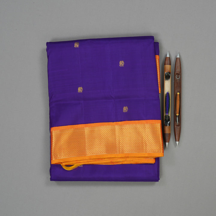 Hayagrivas Handloom Purple Kanjivaram Ten Yards Silk Saree with Golden Orange Border KBE1048I6-1