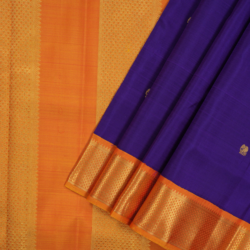 Hayagrivas Handloom Purple Kanjivaram Ten Yards Silk Saree with Golden Orange Border KBE1048I6-1