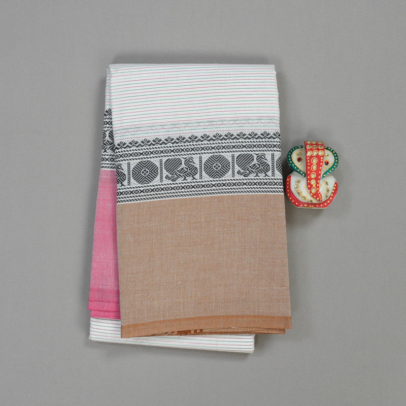 Hayagrivas Half White Handloom Pure Cotton Saree with Ganga Jamuna (Sandal And Pink) Border KBE104D3-12