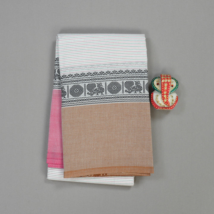 Hayagrivas Half White Handloom Pure Cotton Saree with Ganga Jamuna (Sandal And Pink) Border KBE104D3-12