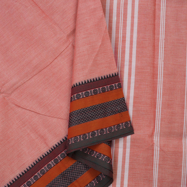 Hayagrivas Handloom Pure Cotton Saree in delicate peach pink with subtle grey KBE104D3-47