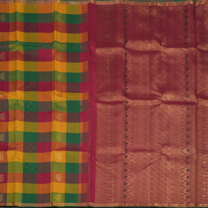 Hayagrivas Handloom Multicolour Checks Kanjivaram Silk Saree with Small Border KBE1050I11-1
