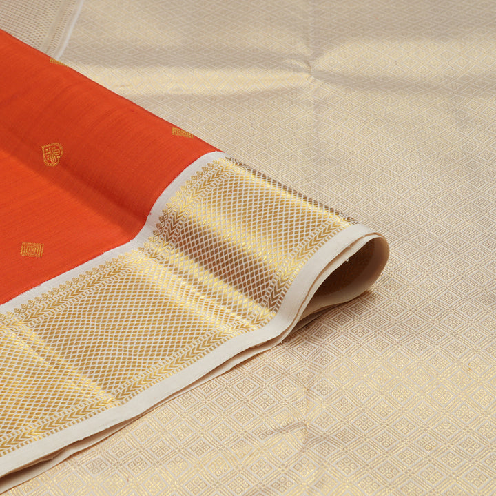 Hayagrivas Handloom Deep Orange Kanjivaram Silk Saree with Half White Border KBE1063I3-1