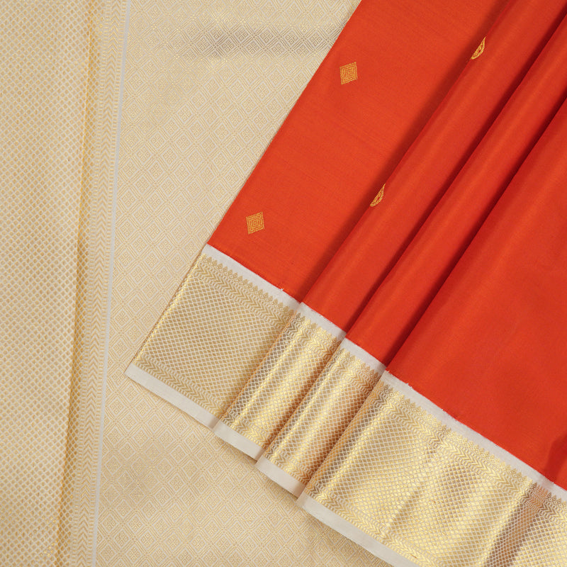 Hayagrivas Handloom Deep Orange Kanjivaram Silk Saree with Half White Border KBE1063I3-1