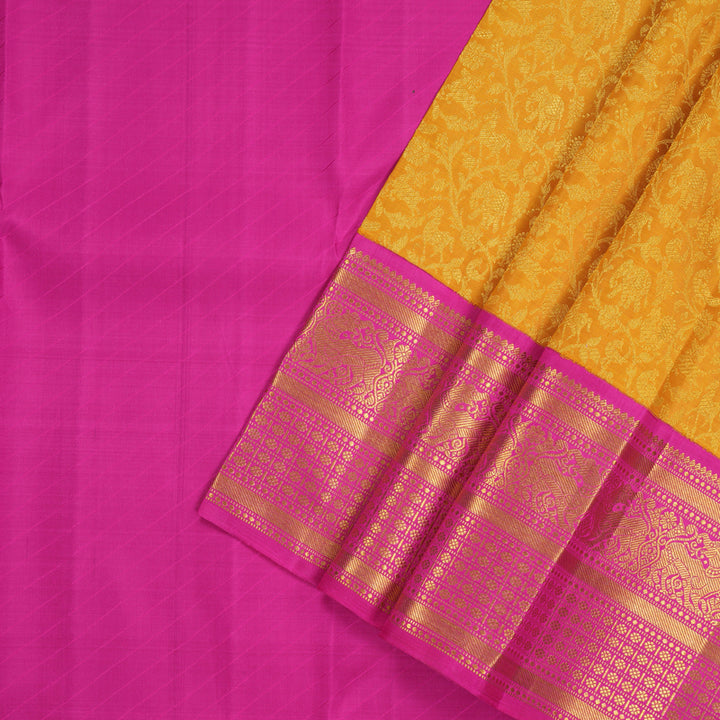 Hayagrivas Pure Kanjivaram Pattu Pavadai in Mustard Yellow with Rani Pink KBE1067I1-2