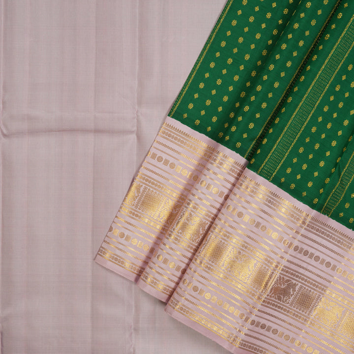 Hayagrivas Handloom Bottle Green Kanjivaram Pattu Pavadai with Baby Pink Border KBE1067I5-1